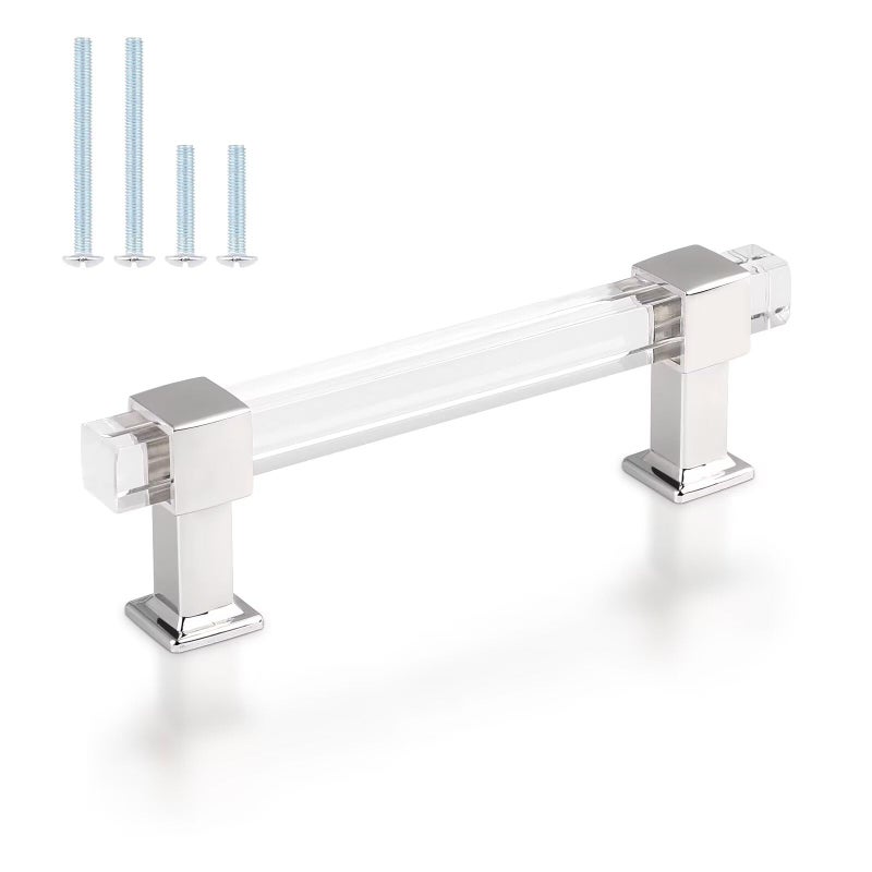 knobelite 30 Pack Cabinet Pulls with Square Acrylic Tube, 3-3/4 Inch Hole Center Adjustable Kitchen Cabinet Handles, Zinc Alloy Cabinet Pulls Polished Chrome, Drawer Pulls for Bedroom and Bathroom - Image 1